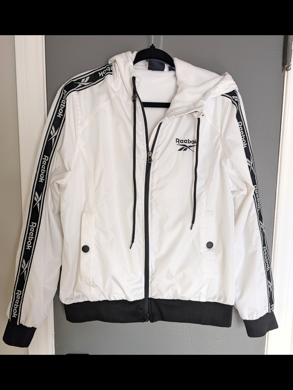 Reebok Unisex White Fleece-Lined Windbreaker Jacket Logo Tape Sleeve Size L